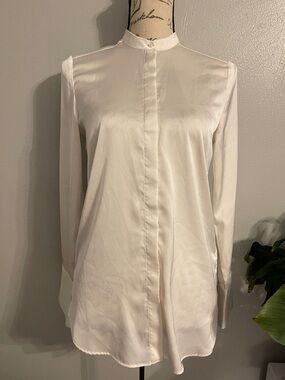 H&M Ivory Satin Mock Neck Blouse Long Sleeve Minimalist Top US 0